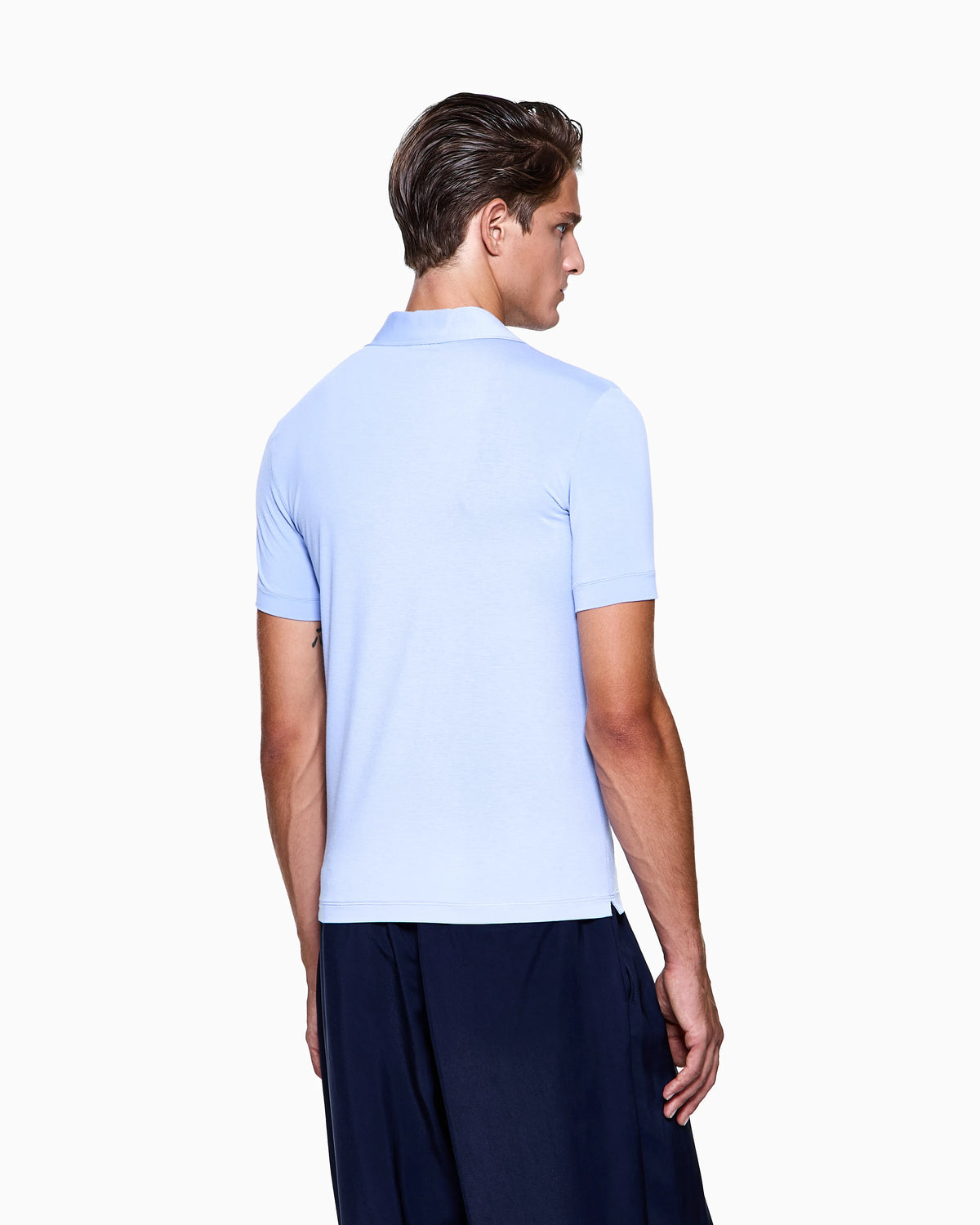 Stretch polo in viscose jersey with buttonless collar