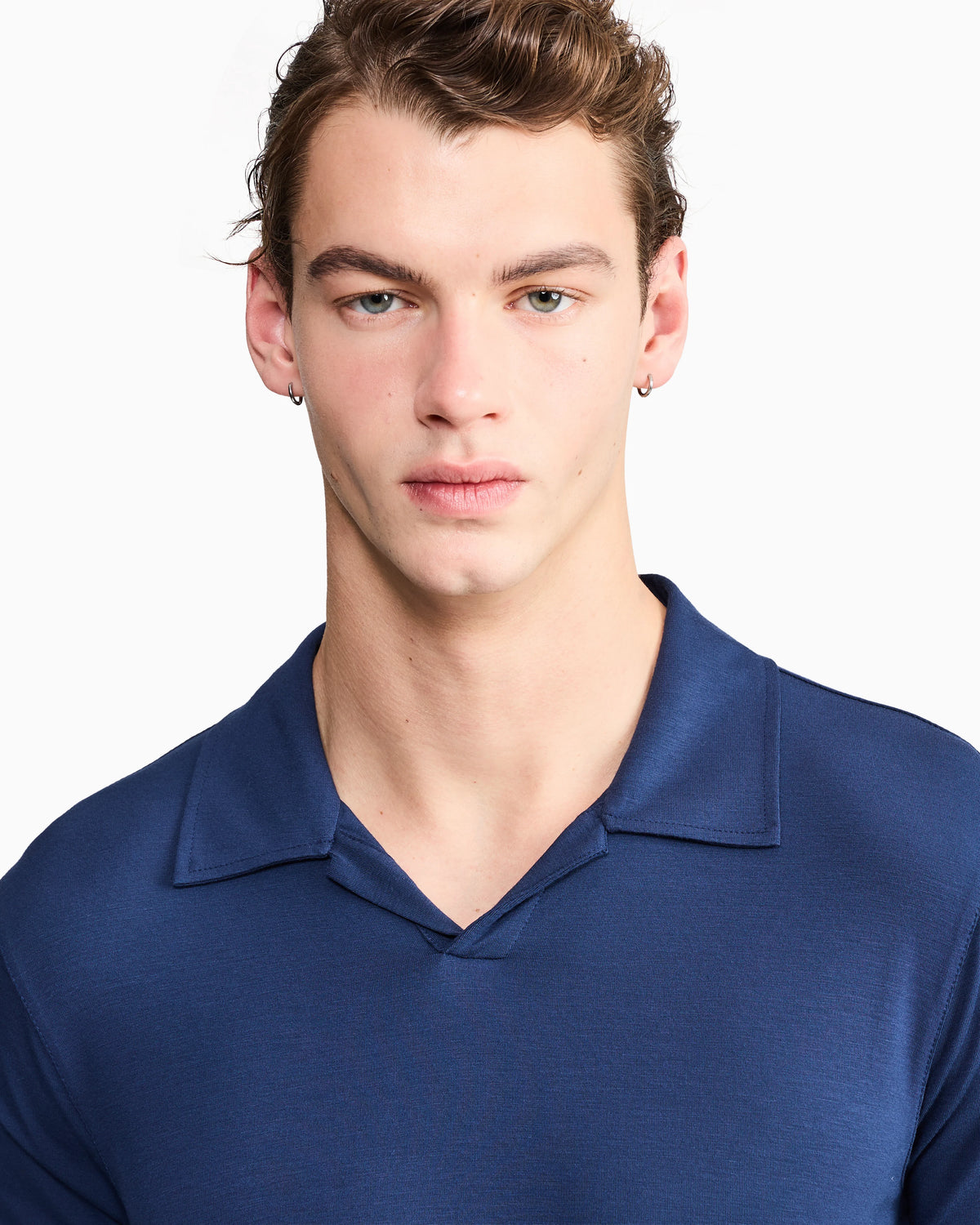 Stretch polo in viscose jersey with buttonless collar