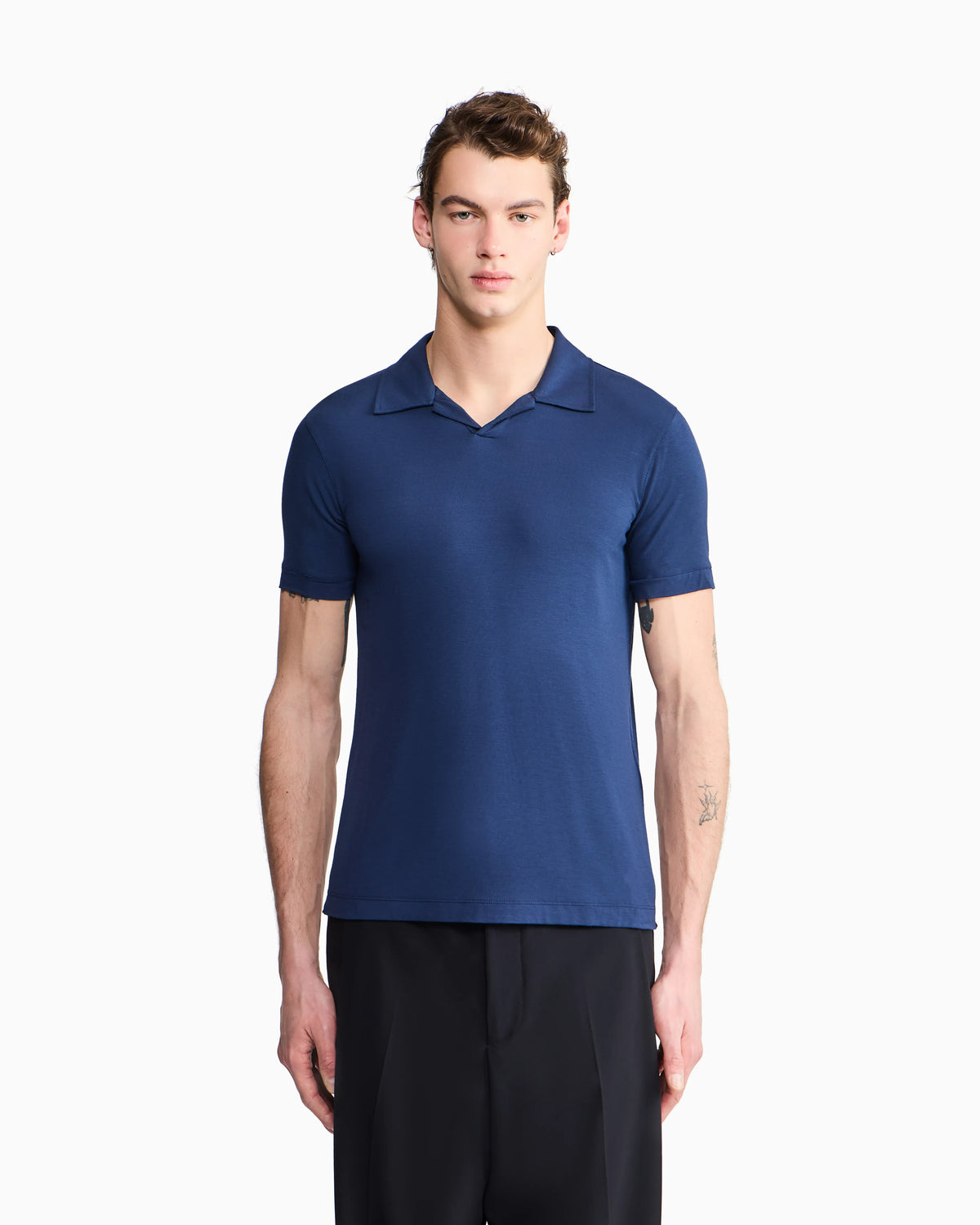 Stretch polo in viscose jersey with buttonless collar
