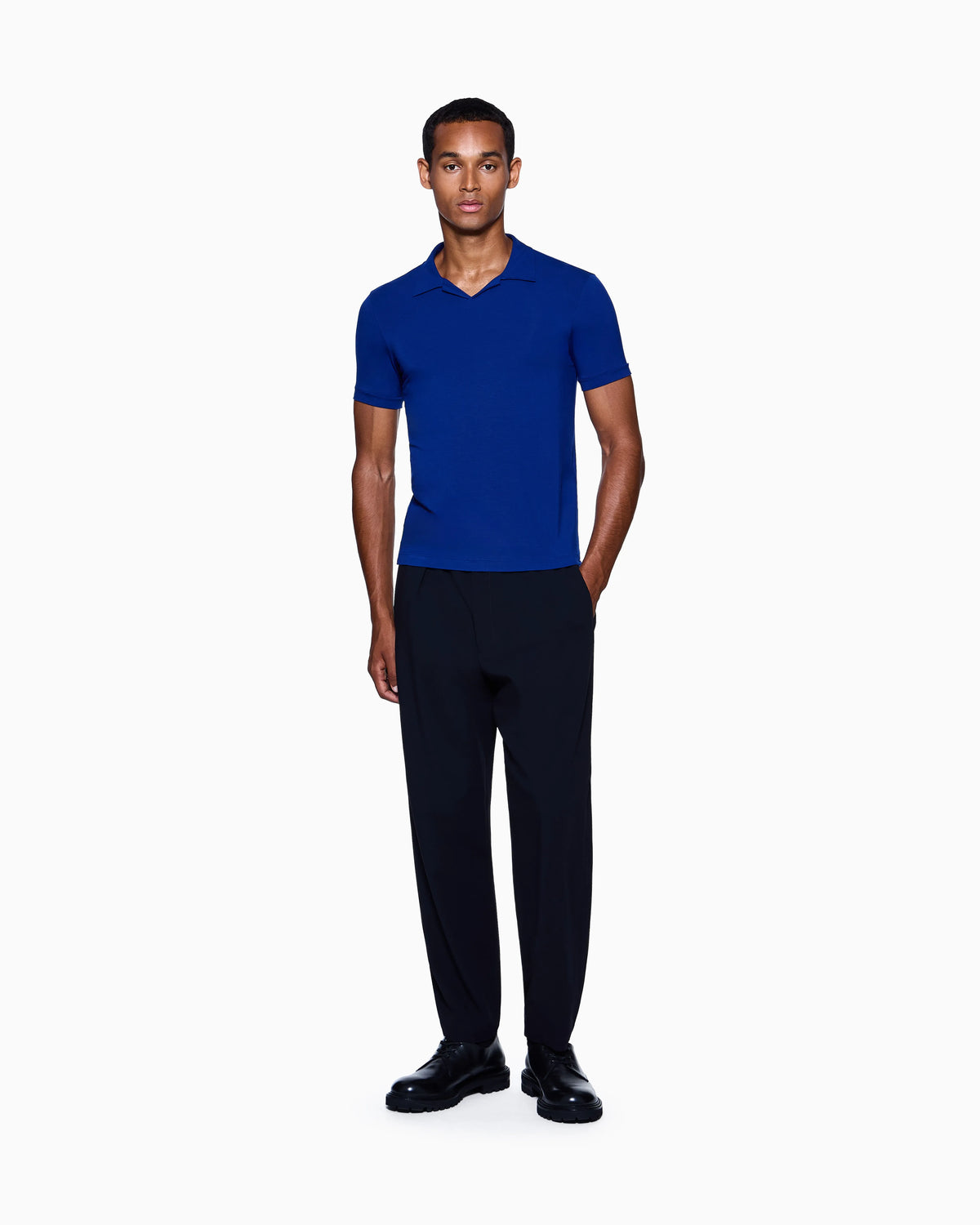 Stretch polo in viscose jersey with buttonless collar