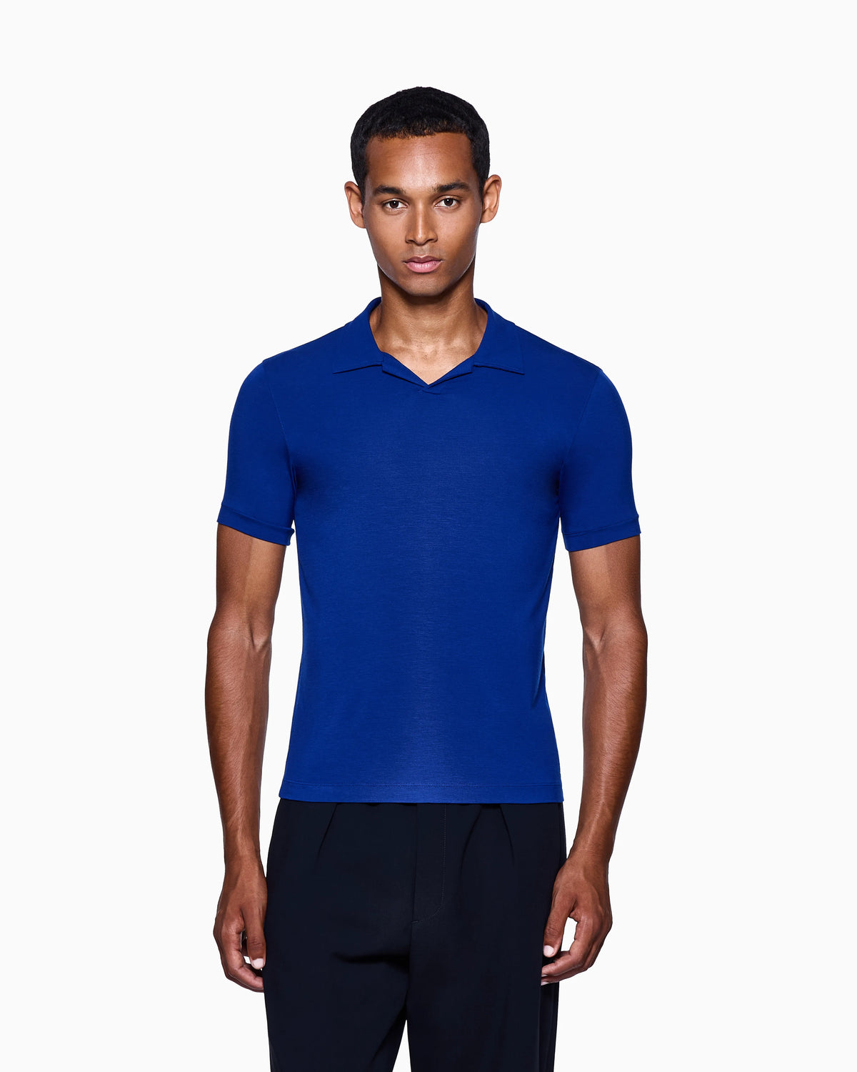 Stretch polo in viscose jersey with buttonless collar