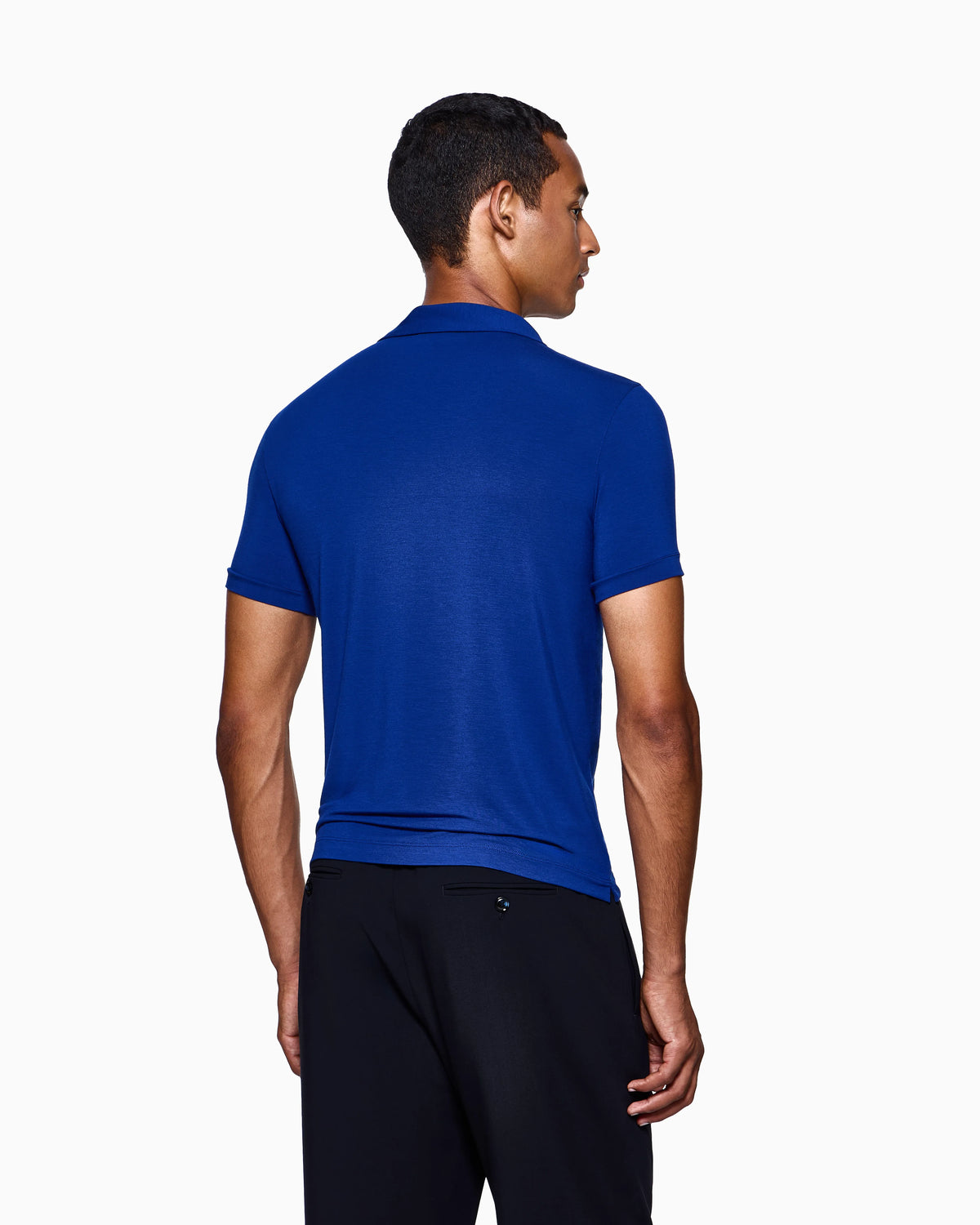 Stretch polo in viscose jersey with buttonless collar