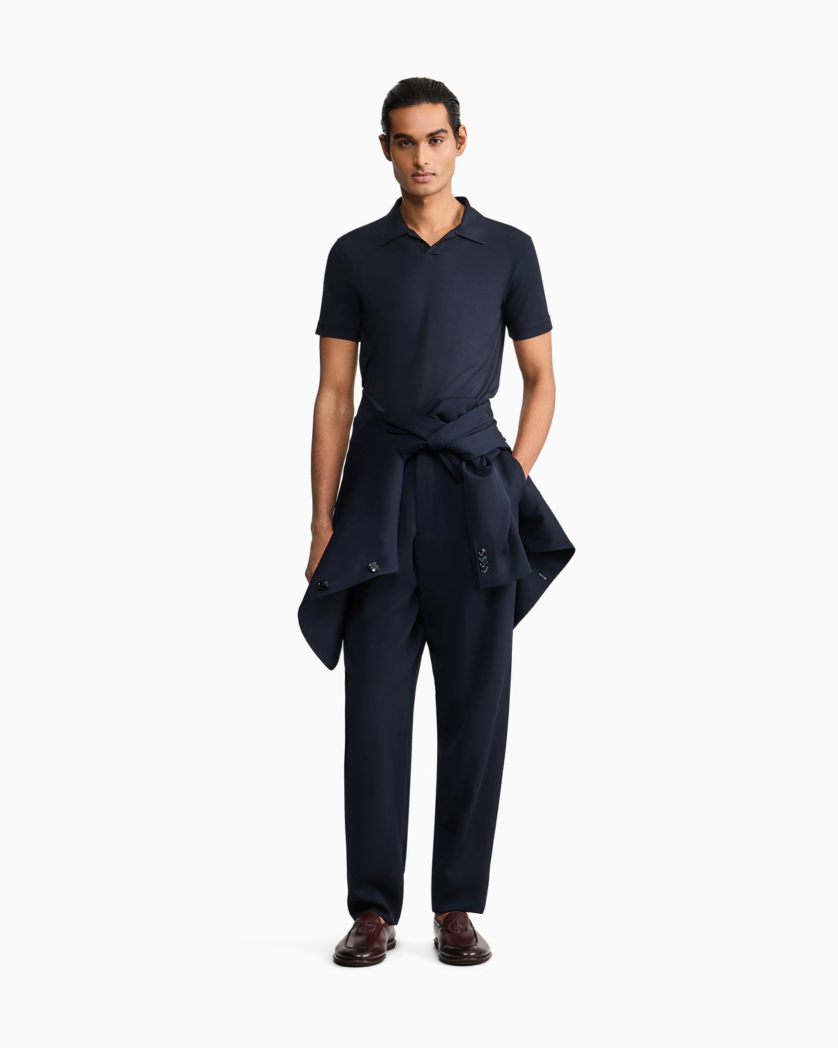 Stretch polo in viscose jersey with buttonless collar