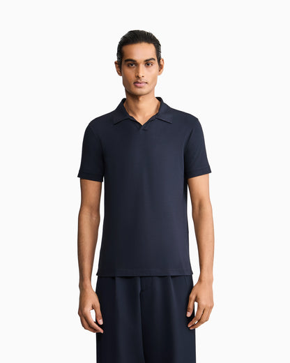 Stretch polo in viscose jersey with buttonless collar