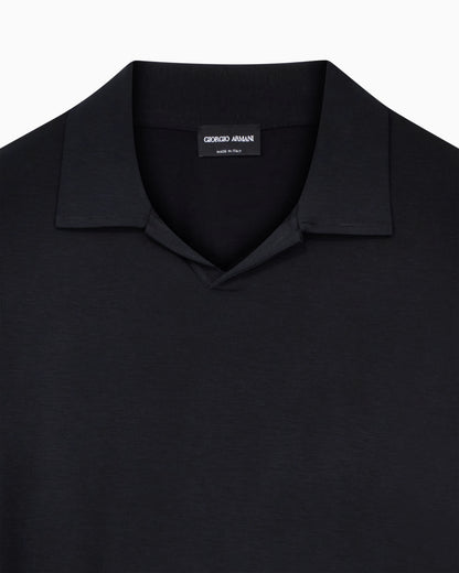 Stretch polo in viscose jersey with buttonless collar