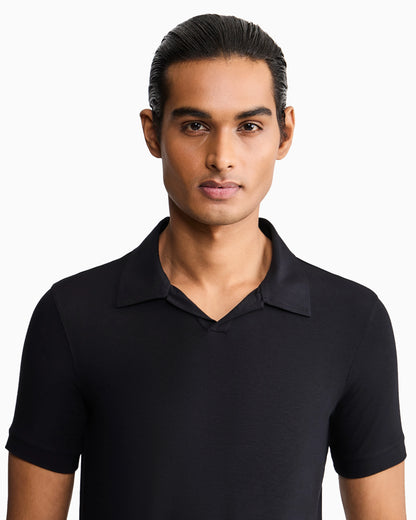 Stretch polo in viscose jersey with buttonless collar