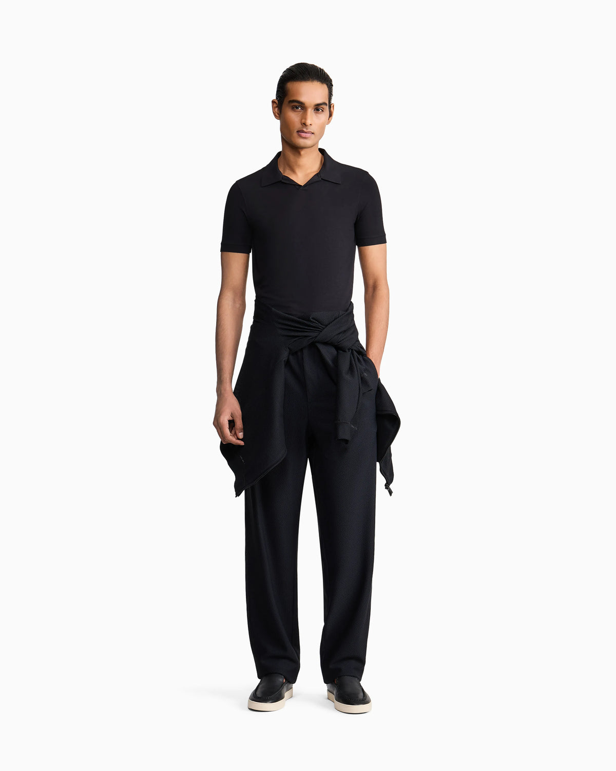 Stretch polo in viscose jersey with buttonless collar