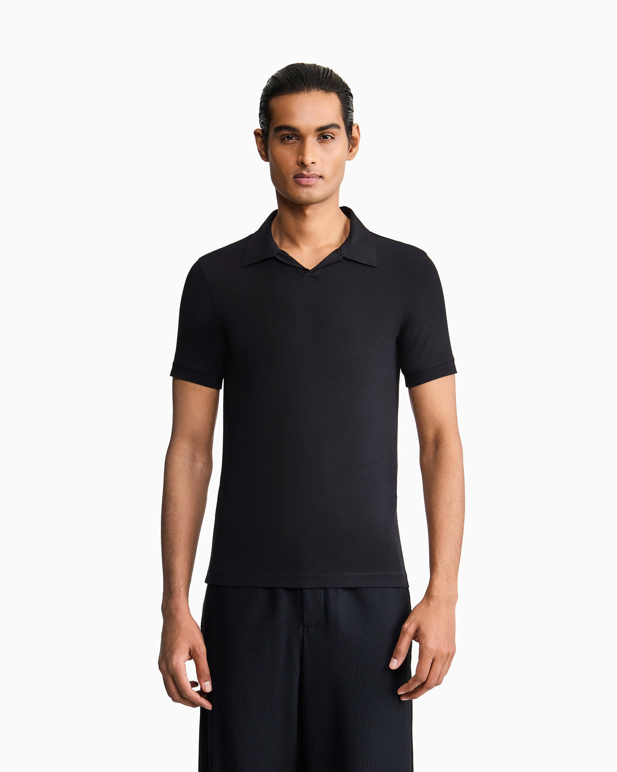 Stretch polo in viscose jersey with buttonless collar
