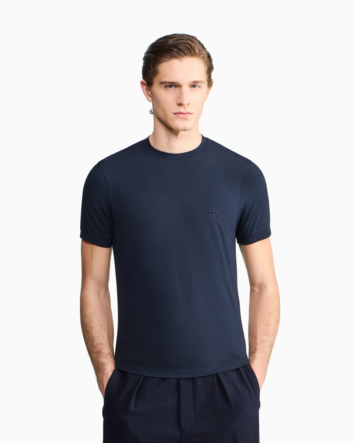 Crew-neck T-shirt in stretch viscose jersey with embroidery