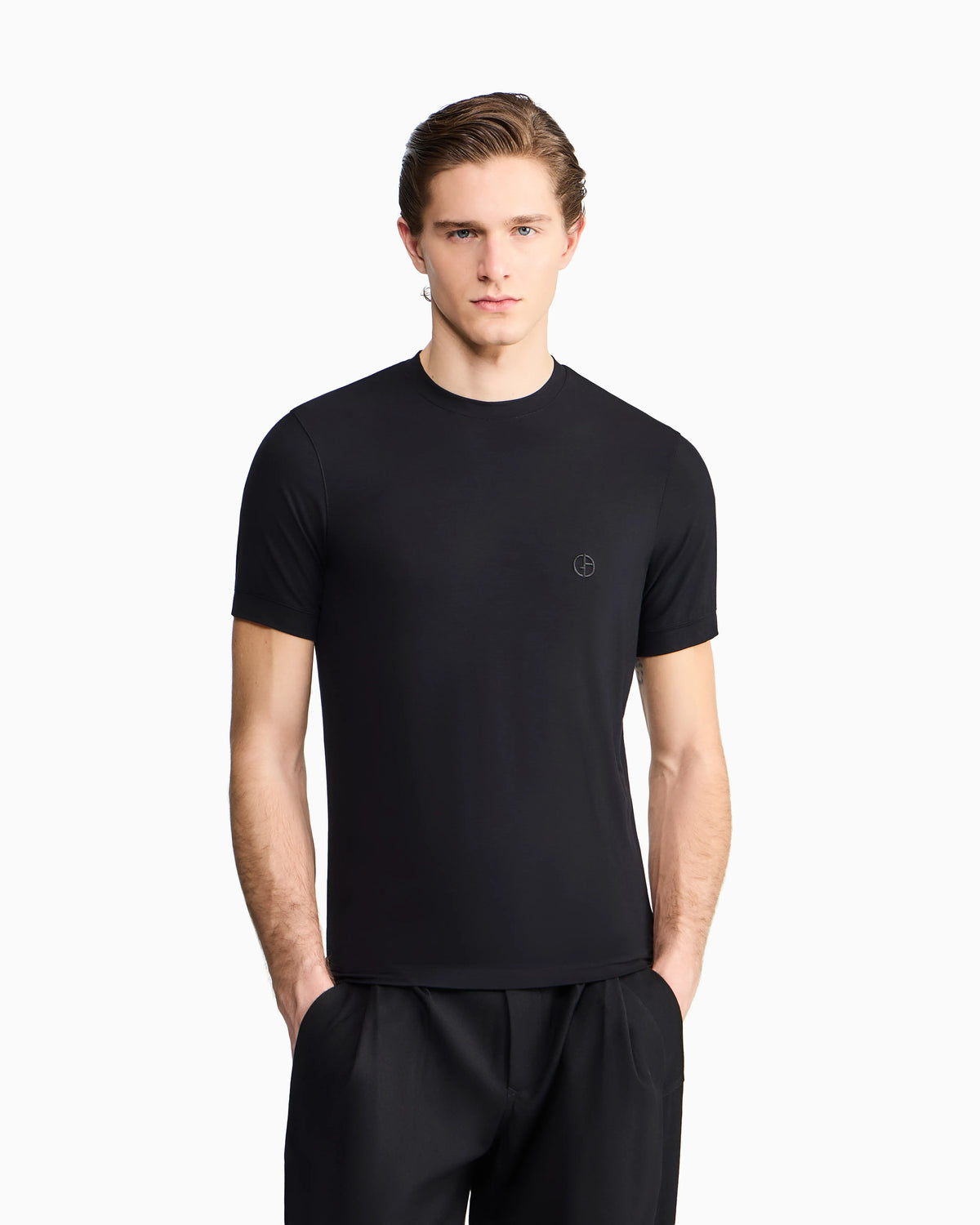 Crew-neck T-shirt in stretch viscose jersey with embroidery