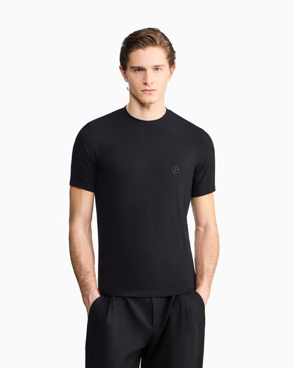 Crew-neck T-shirt in stretch viscose jersey with embroidery