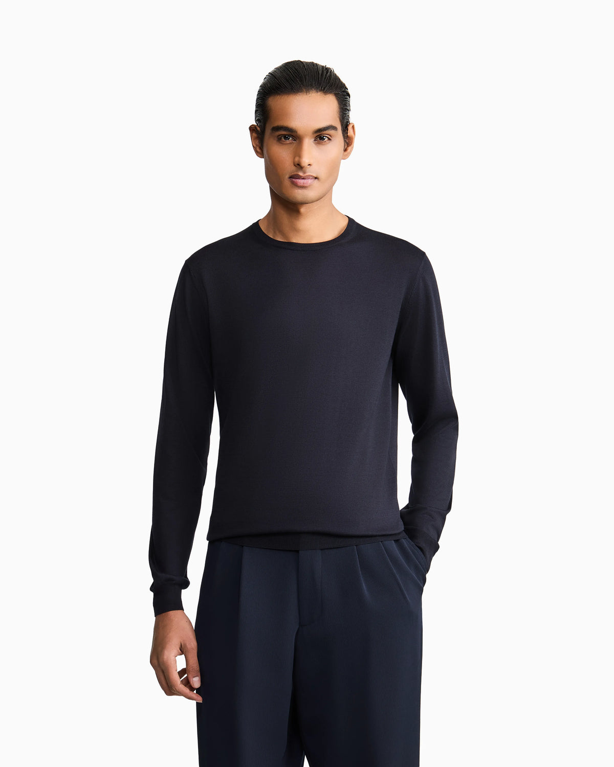 Long-sleeved, crew-neck jumper in silk and cotton