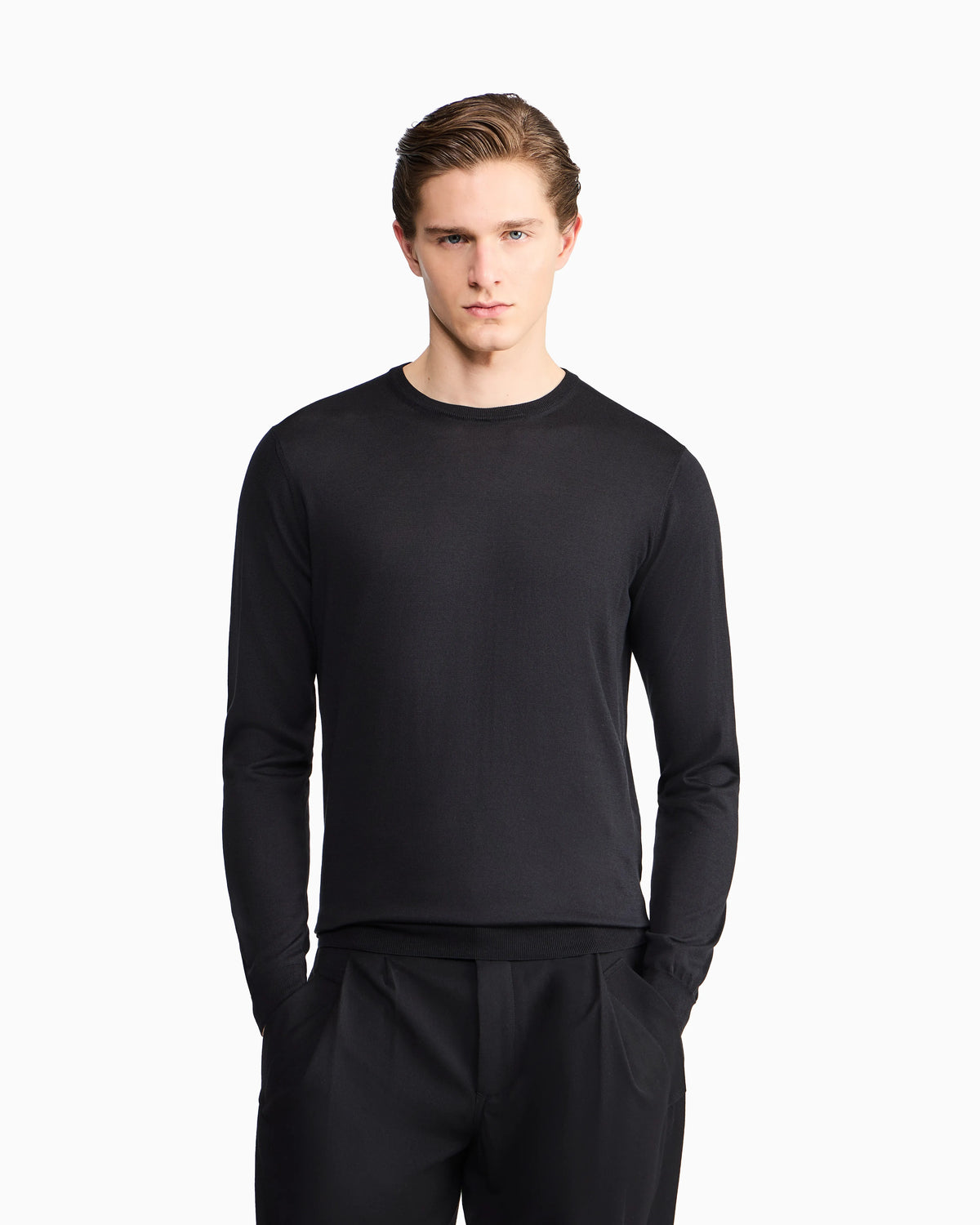 Long-sleeved, crew-neck jumper in silk and cotton