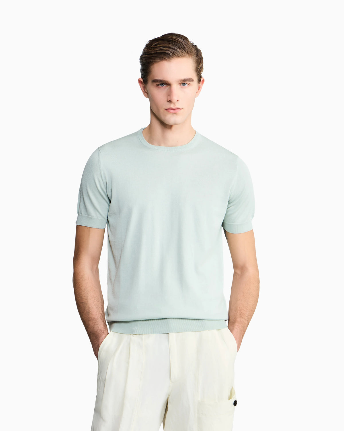Slim-fit sweater in plain knit silk and cotton