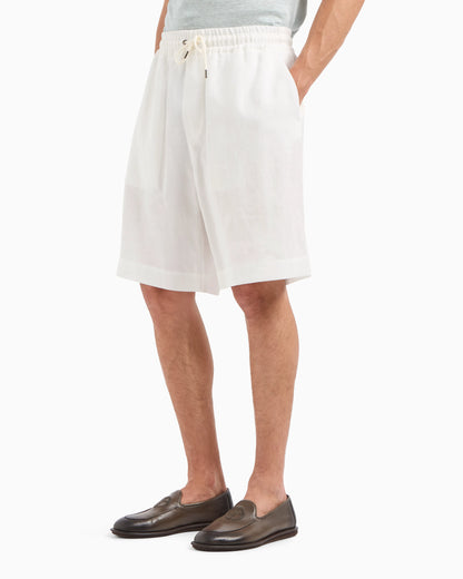 Pure linen canvas flat-front Bermuda shorts
