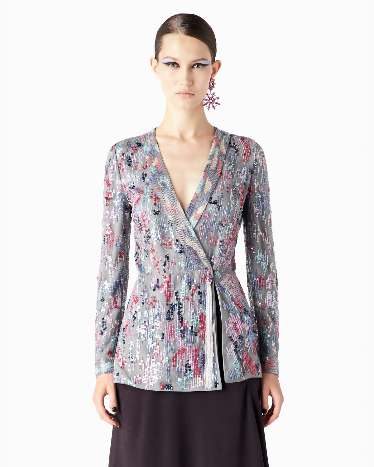 Long tulle jacket with all-over embroidery