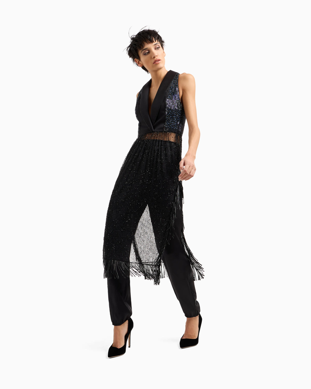 Straight-cut silk trousers with crystal piping