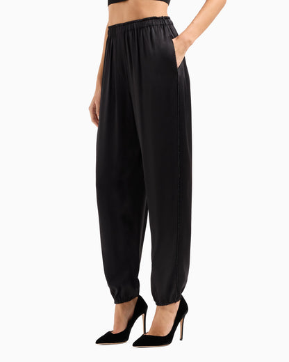 Straight-cut silk trousers with crystal piping