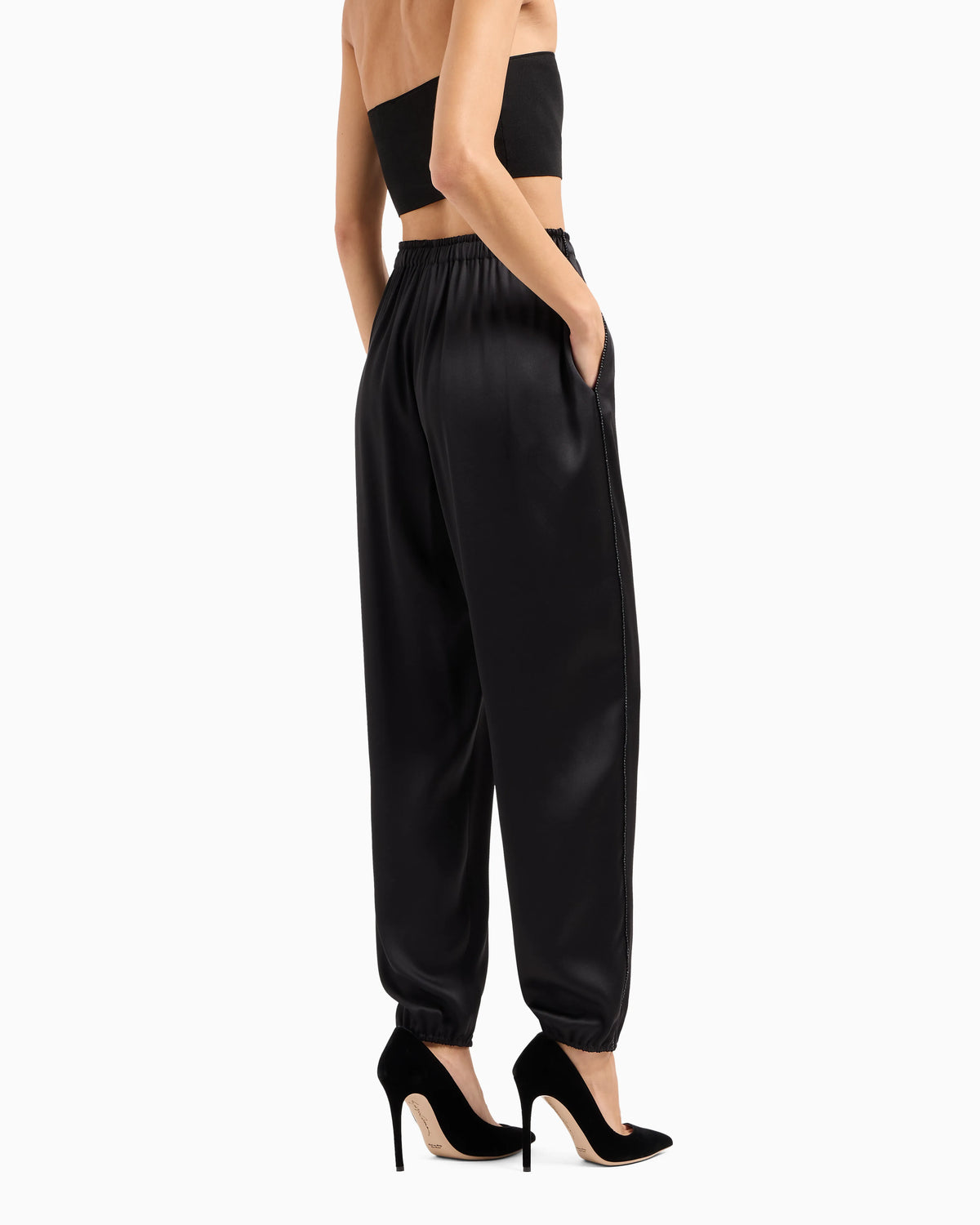 Straight-cut silk trousers with crystal piping