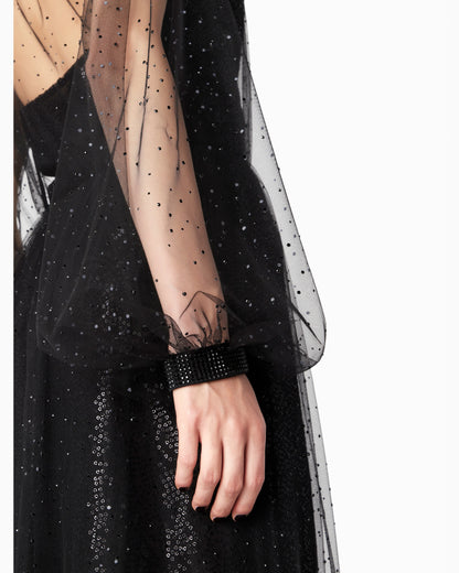 Silk and tulle long dress with all-over rhinestones