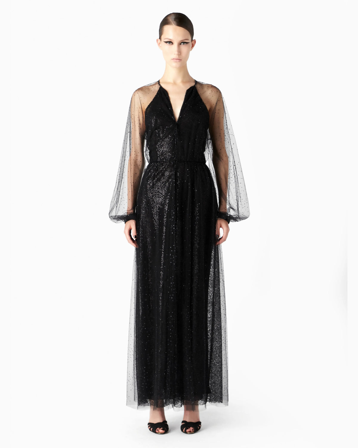 Silk and tulle long dress with all-over rhinestones