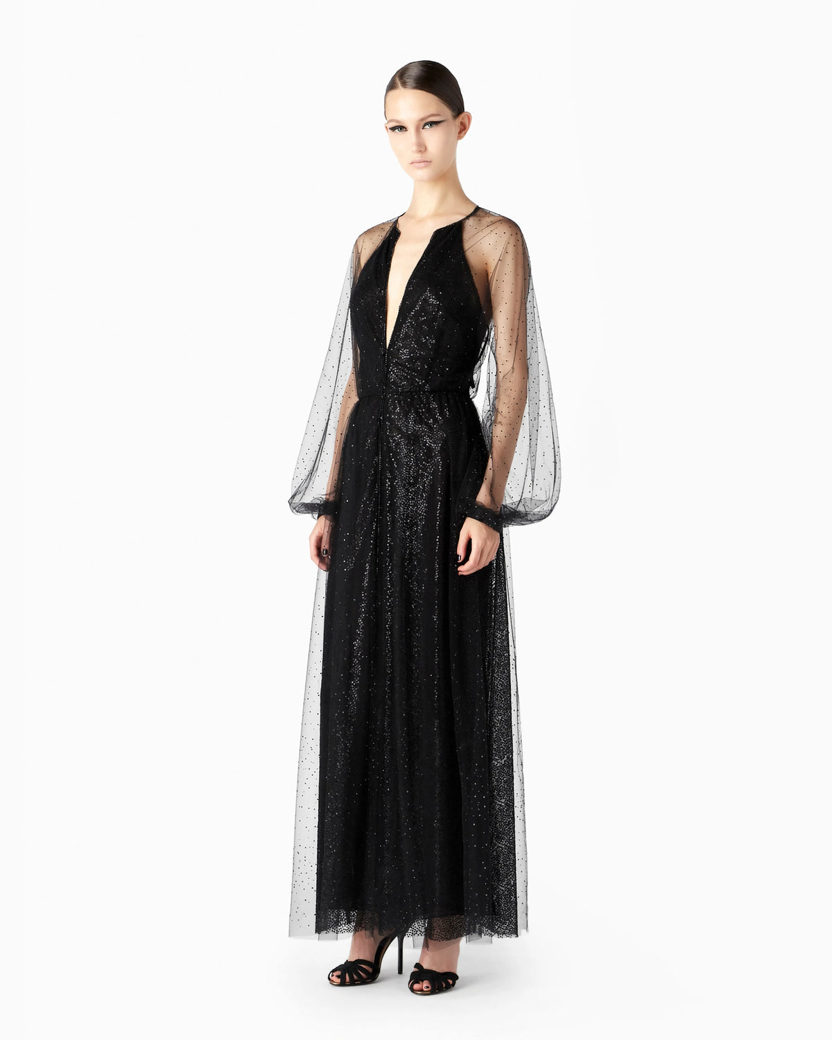 Silk and tulle long dress with all-over rhinestones