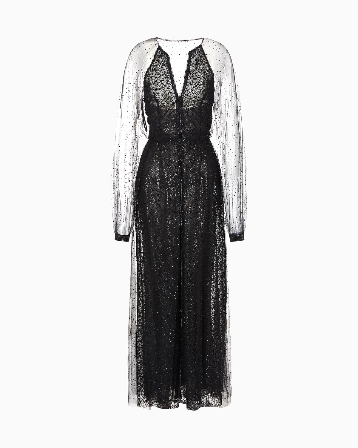 Silk and tulle long dress with all-over rhinestones