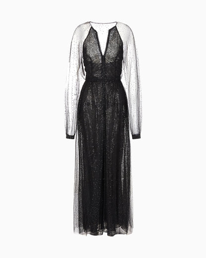 Silk and tulle long dress with all-over rhinestones