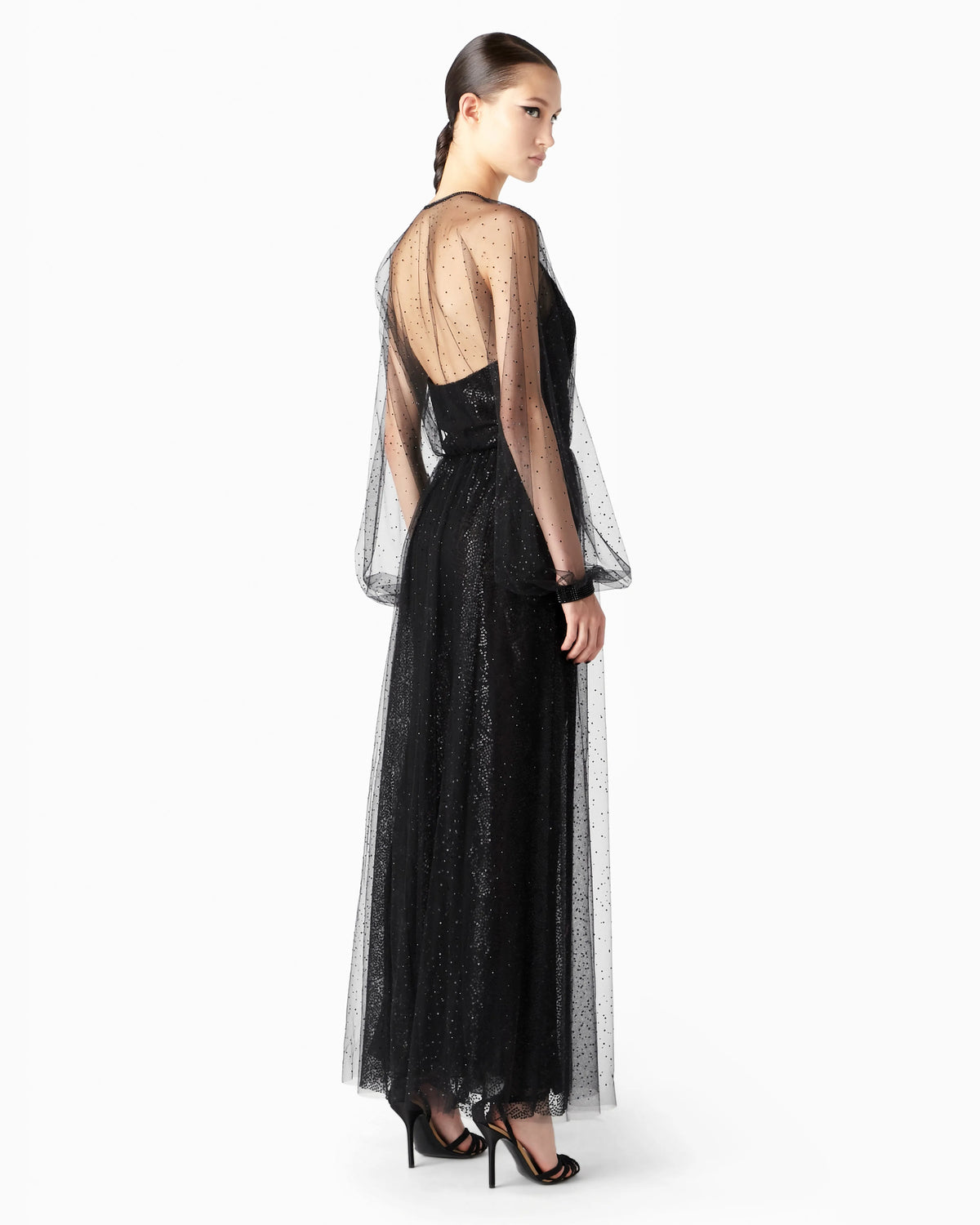 Silk and tulle long dress with all-over rhinestones