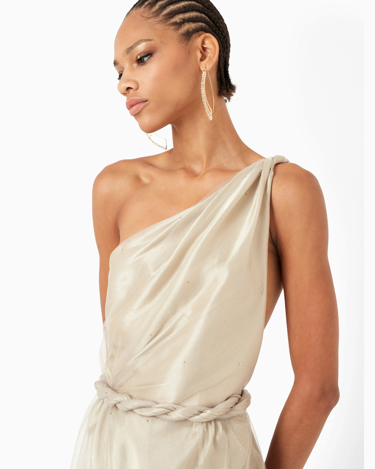 One-shoulder long dress with all-over embroidery