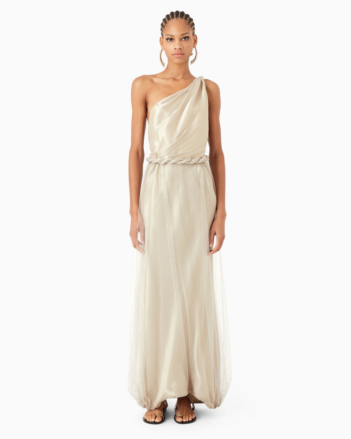 One-shoulder long dress with all-over embroidery