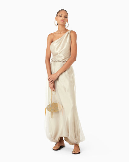 One-shoulder long dress with all-over embroidery