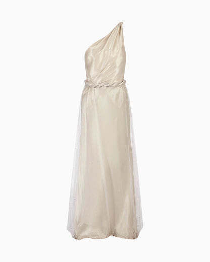 One-shoulder long dress with all-over embroidery