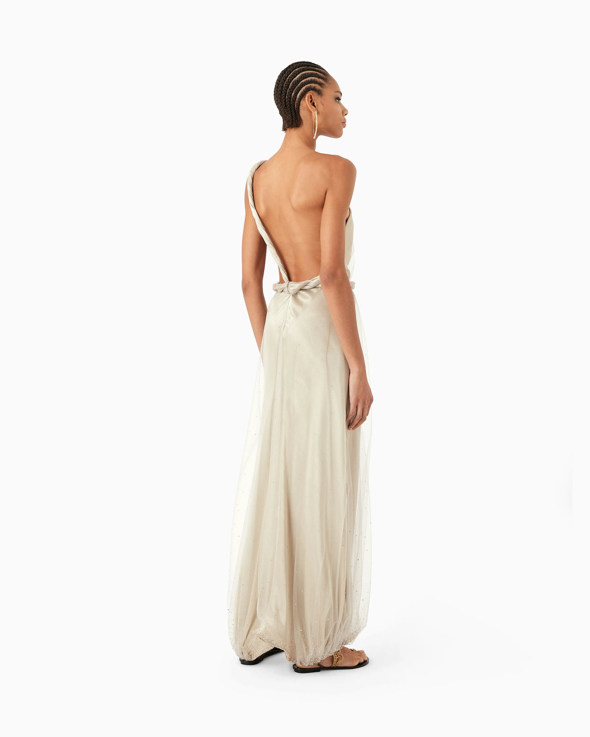 One-shoulder long dress with all-over embroidery