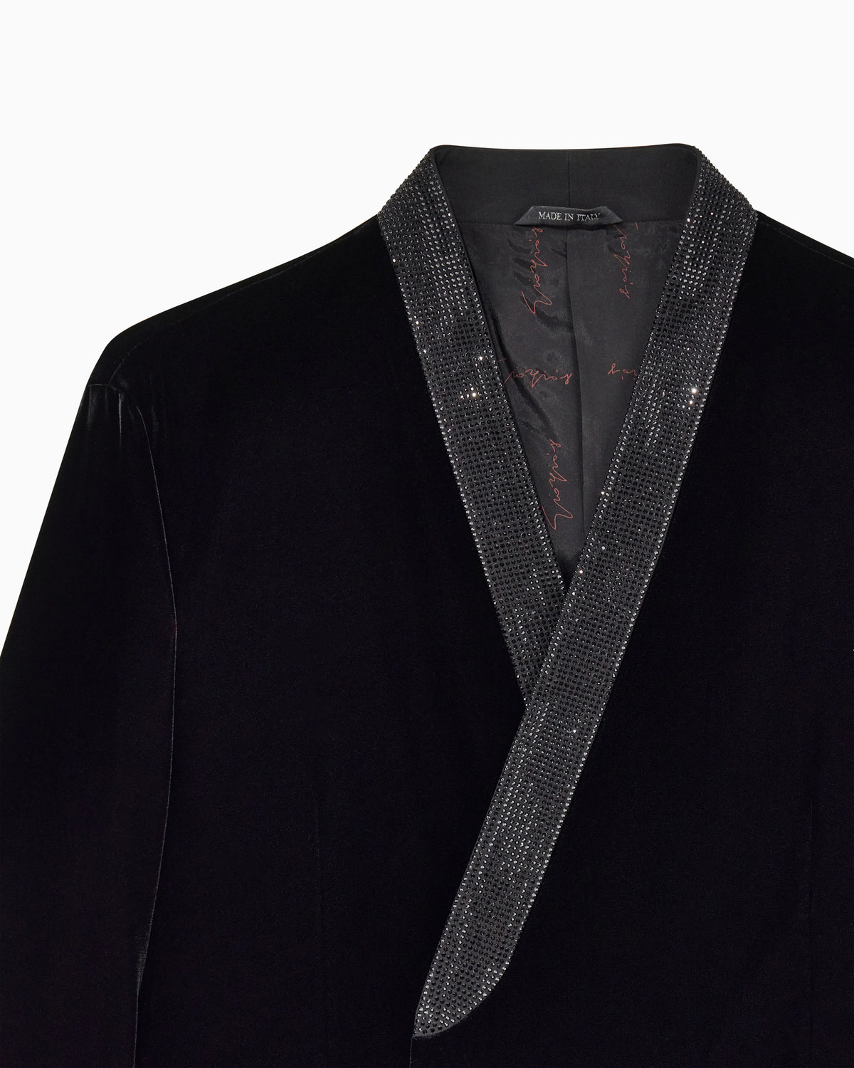 Stretch velvet jacket with rhinestone shawl collar