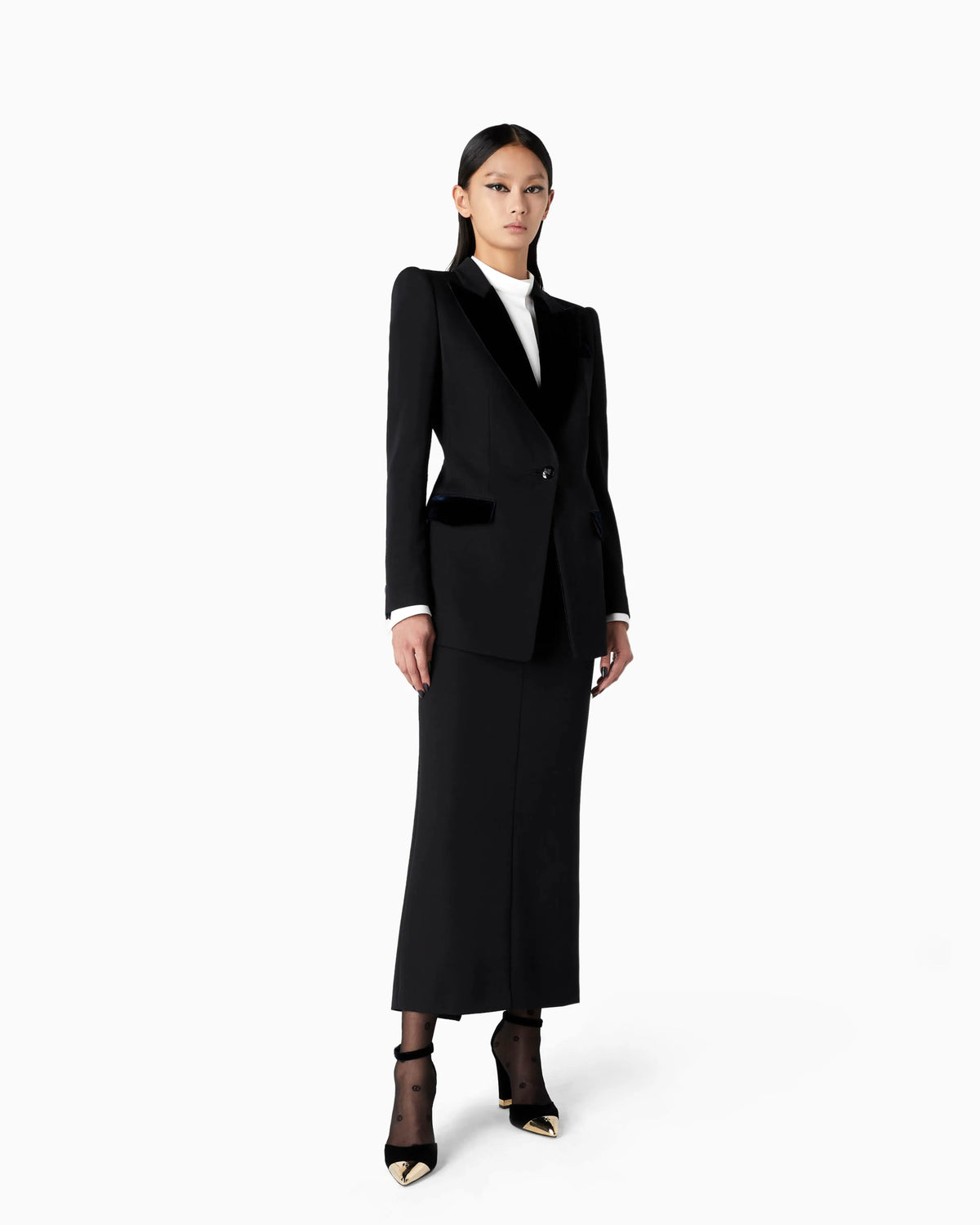 Single-breasted jacket in wool and velvet