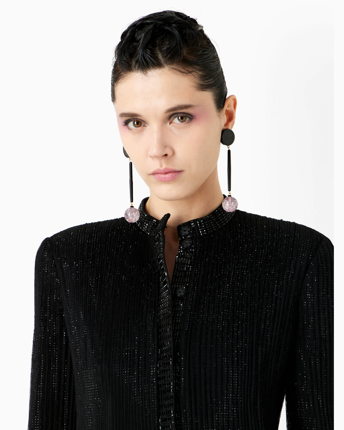 Long jacket in pleated tulle with crystal embroidery