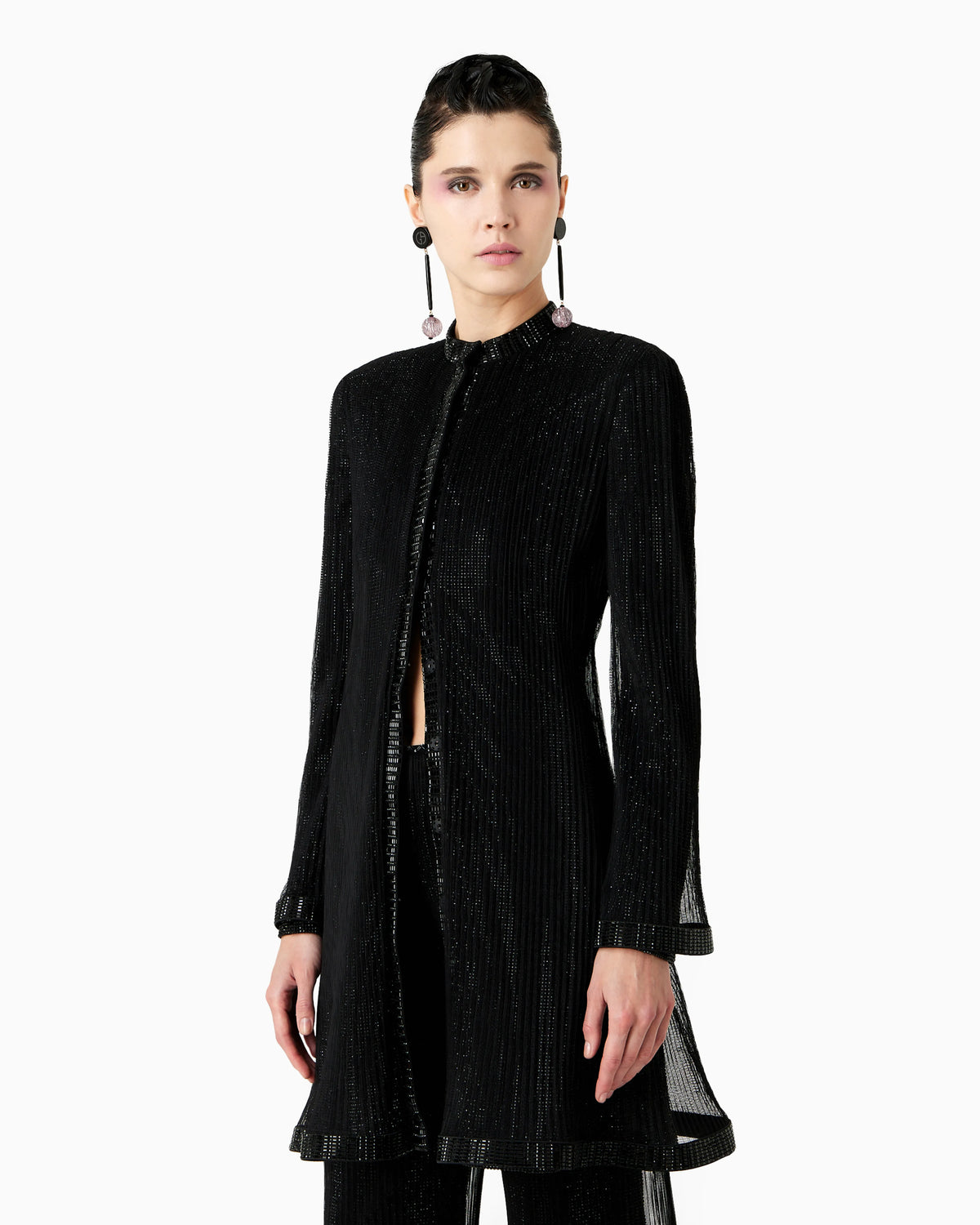 Long jacket in pleated tulle with crystal embroidery