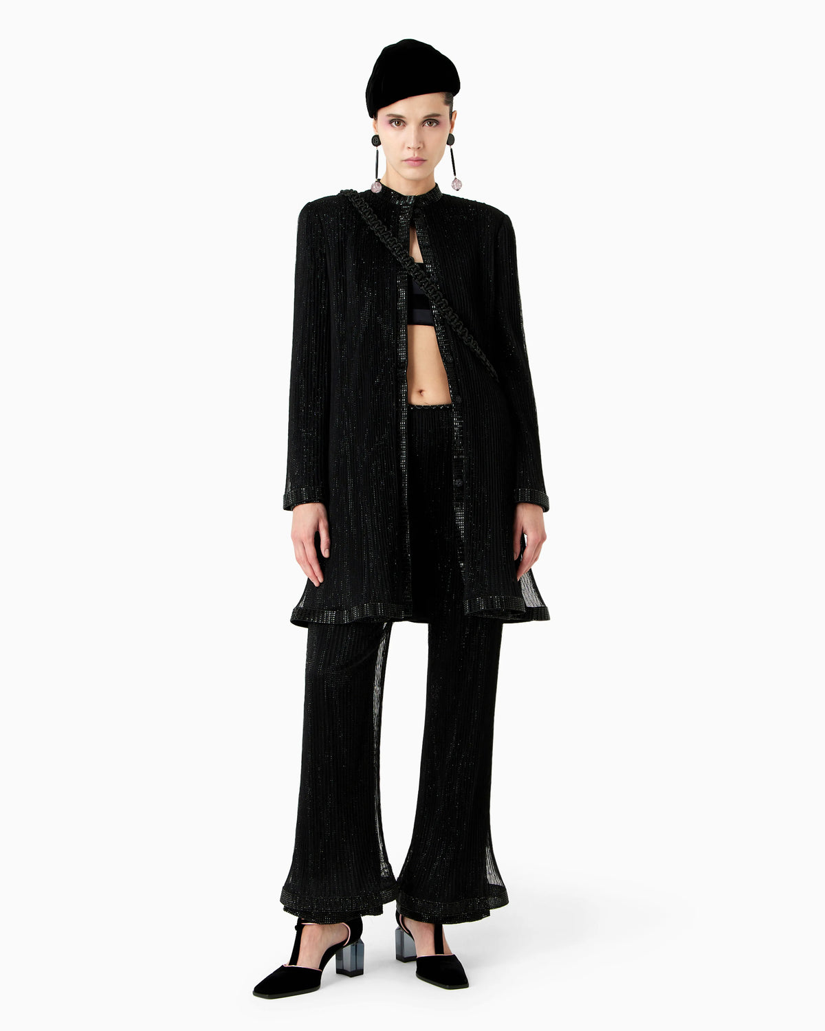 Long jacket in pleated tulle with crystal embroidery