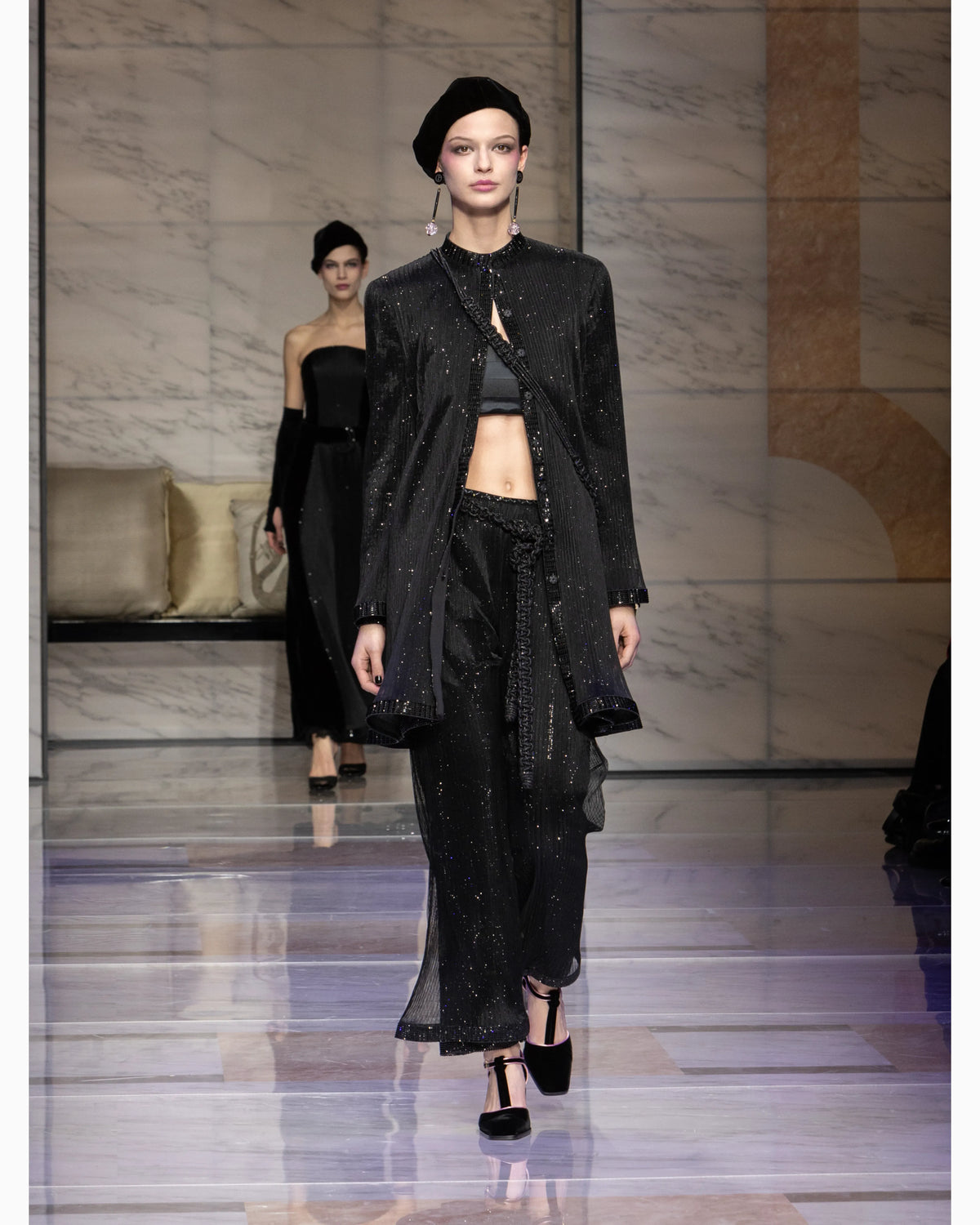 Long jacket in pleated tulle with crystal embroidery