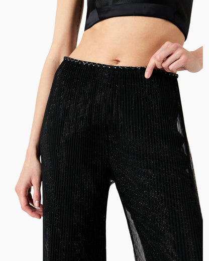 Crystal-embroidered pleated tulle trousers