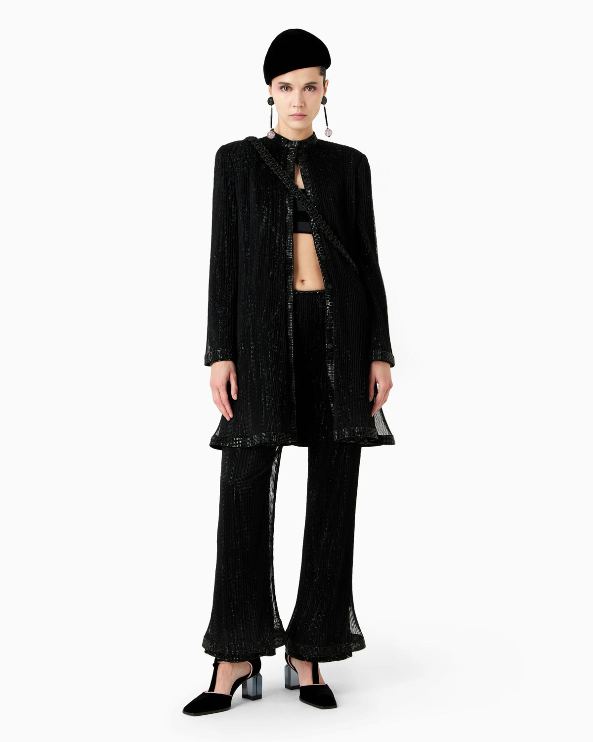 Crystal-embroidered pleated tulle trousers