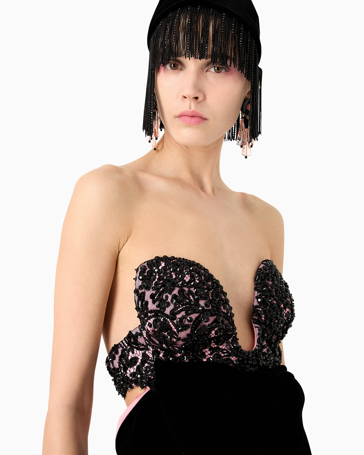 Long velvet bustier dress with embroidery