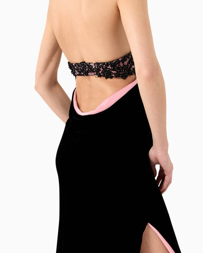 Long velvet bustier dress with embroidery