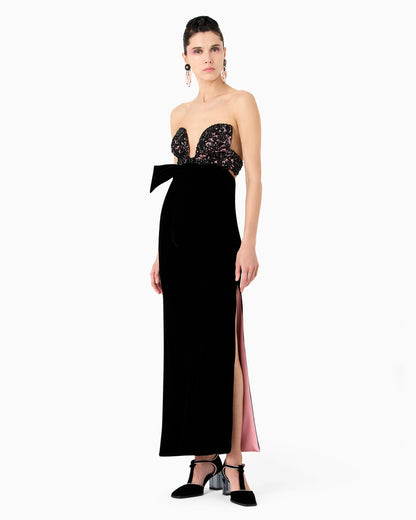 Long velvet bustier dress with embroidery