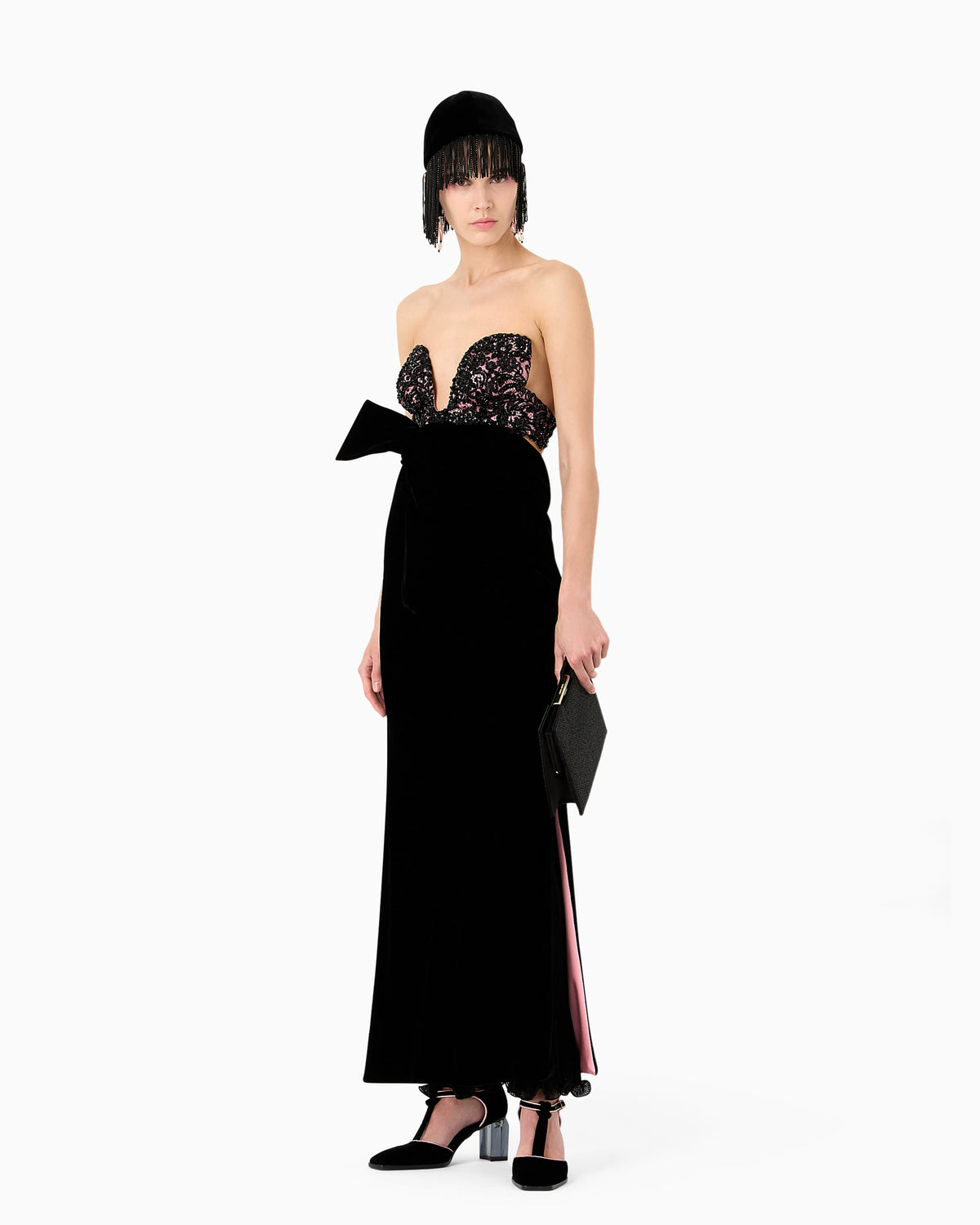 Long velvet bustier dress with embroidery