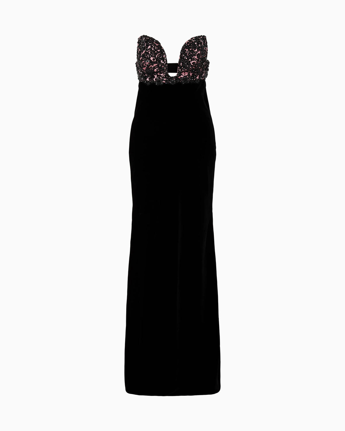 Long velvet bustier dress with embroidery