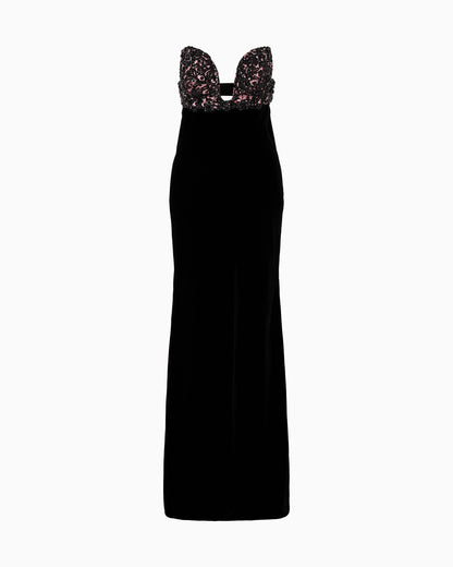 Long velvet bustier dress with embroidery