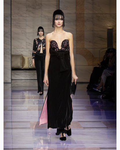 Long velvet bustier dress with embroidery