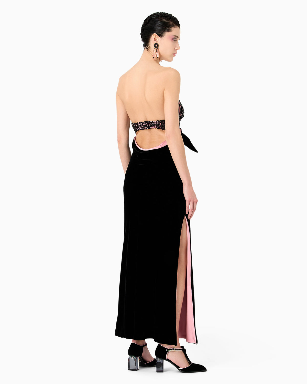 Long velvet bustier dress with embroidery